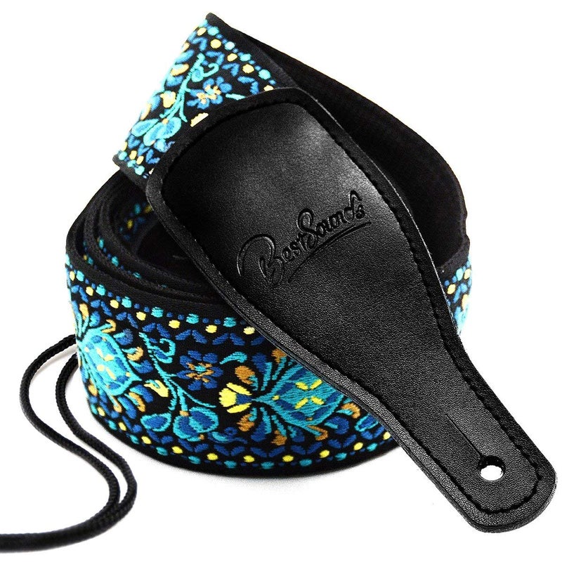 BestSounds Guitar Strap, Vintage Embroidered Cotton Strap with Genuine Leather Ends for Acoustic and Electric Guitar, Bass Guitars - Image 1